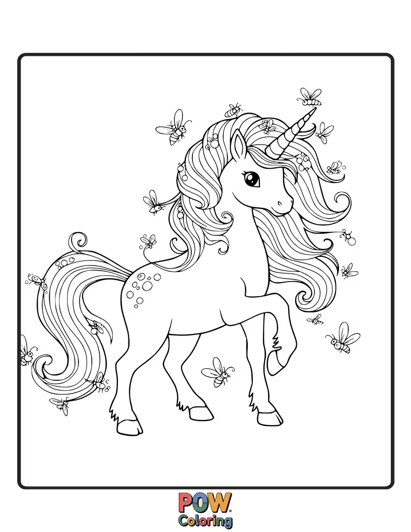Free coloring page of Unicorn playing amongst a swarm of glowing fireflies on a warm summer night.