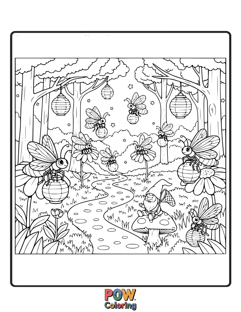 Free coloring page of A magical garden at dusk, lit by the gentle glow of numerous fireflies acting as tiny, twinkling lanterns.