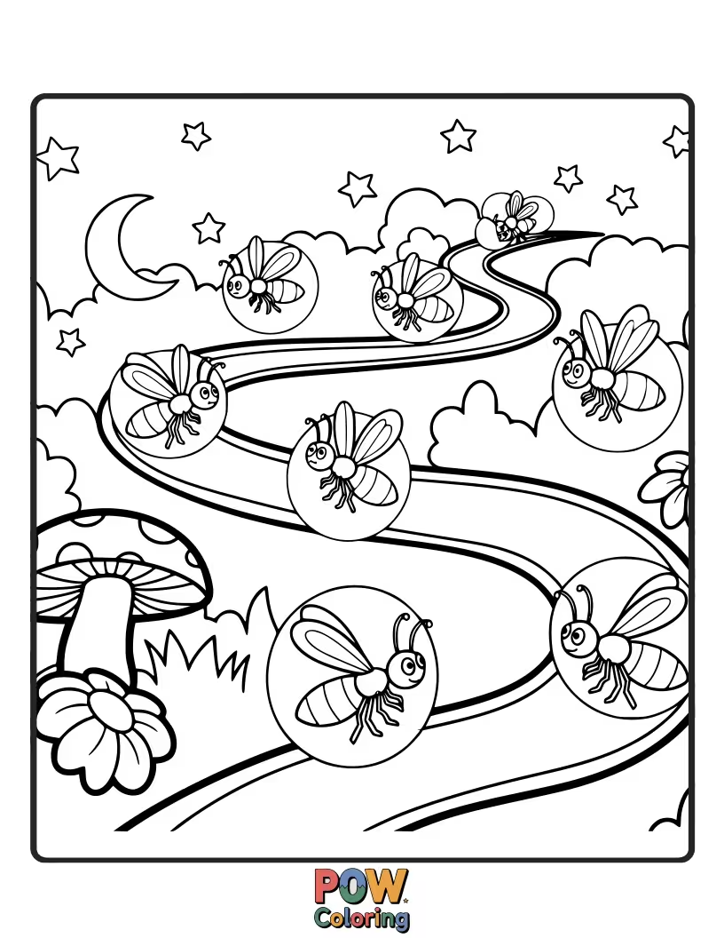Free coloring page of Blinking fireflies are illuminating the night as they race, their tiny lights creating a magical glow.