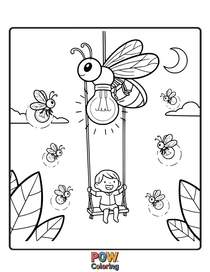 Free coloring page of A group of fireflies creates a luminous swing, carrying a tiny, happy beetle through the twilight forest.