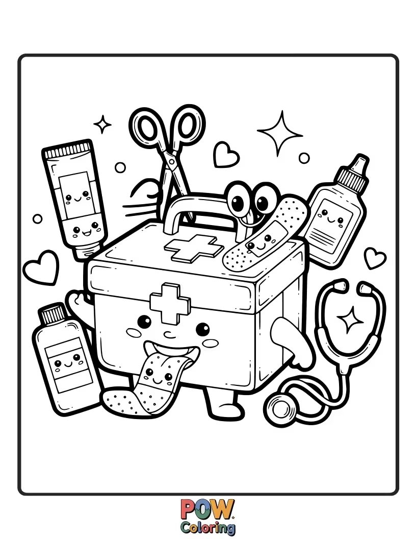 Free coloring page of A red first aid kit with bandages and antiseptic wipes. Understand the importance of a basic first aid kit.
