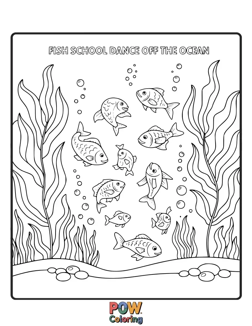 Free coloring page of A group of fish in a synchronized dance-off, showing off their best moves. Energetic and fun underwater performance.