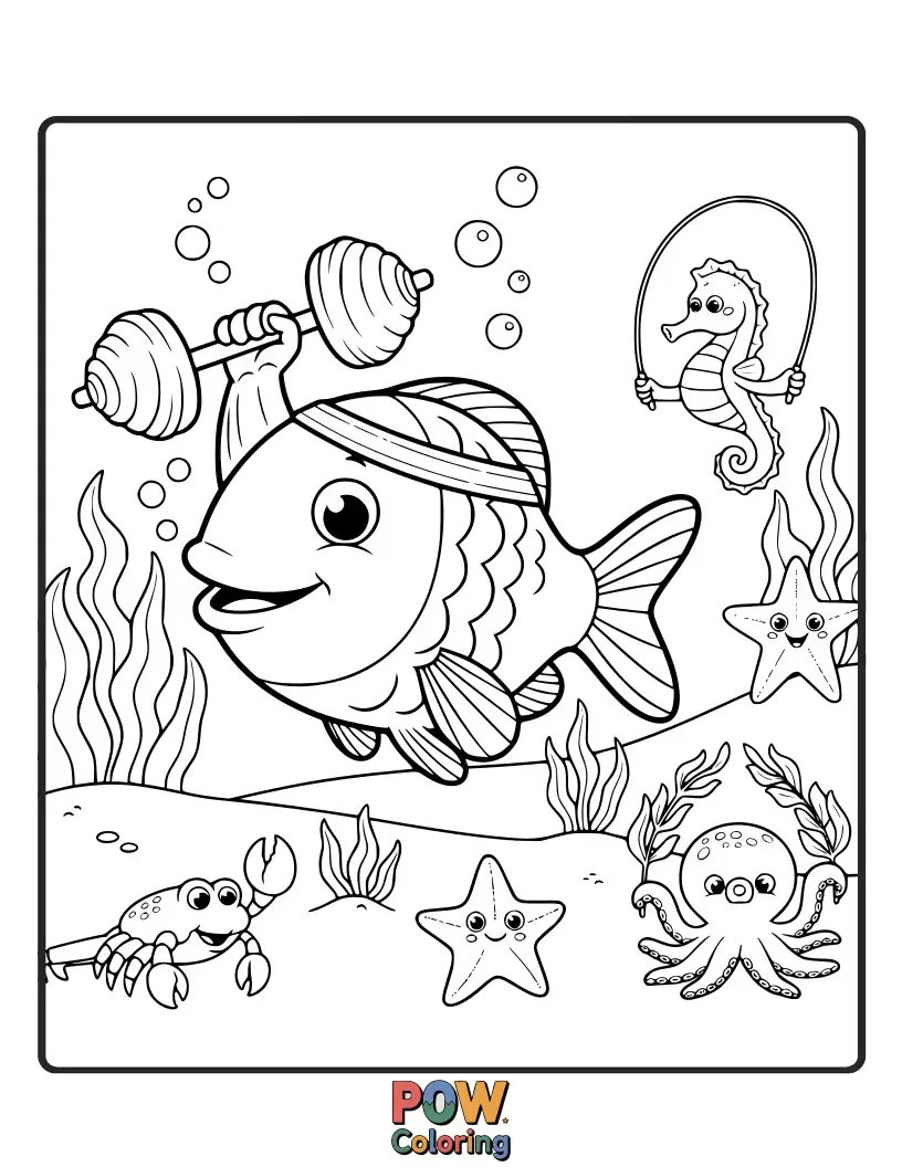 Free coloring page of A cheerful goldfish swimming laps in a small, decorative gym tank, surrounded by miniature exercise machines for aquatic life.
