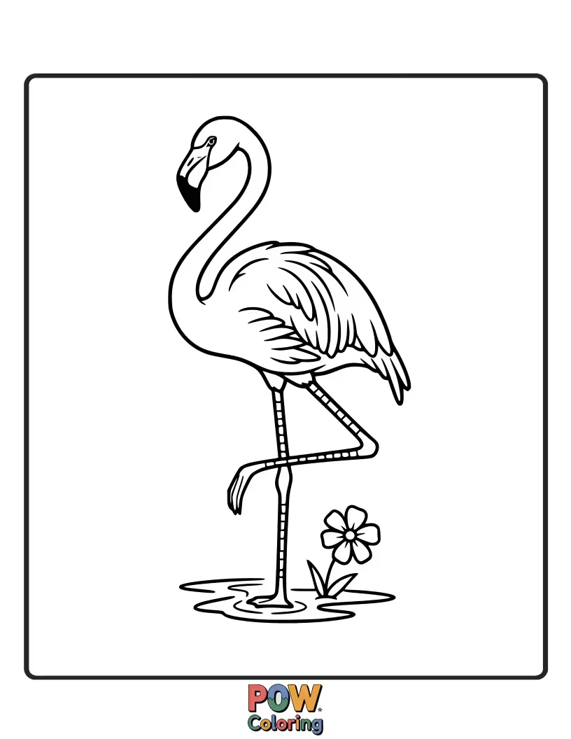 Free coloring page of A stylish flamingo striking a whimsical, graceful pose with its long, slender legs.