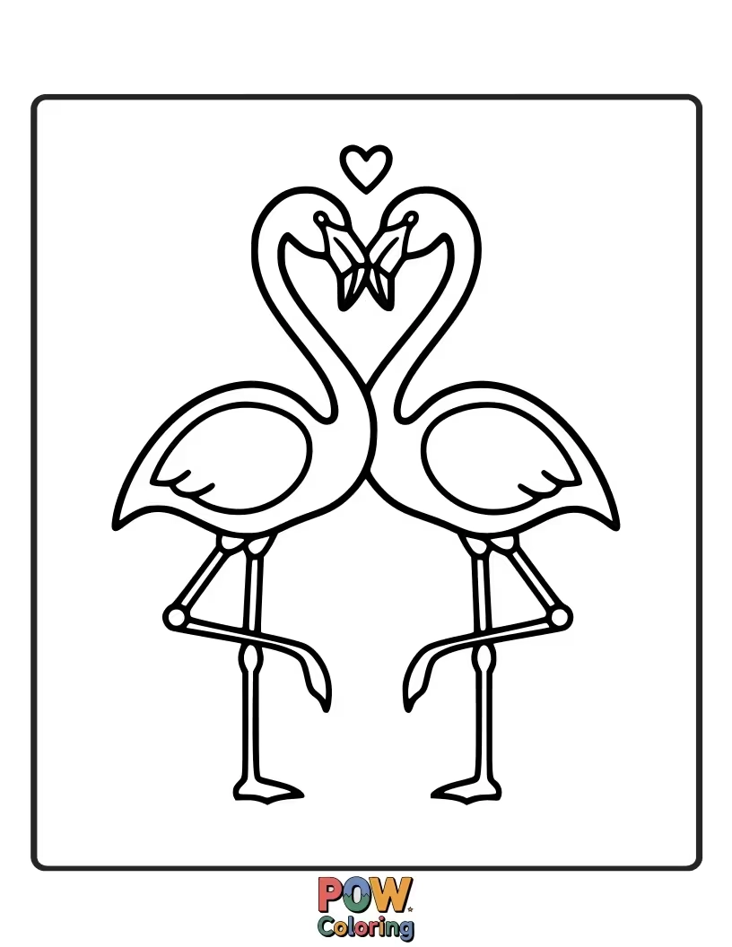 Free coloring page of A stylish flamingo strikes a heart-shaped pose with its neck, hoping to impress its Valentine with its elegant charm.