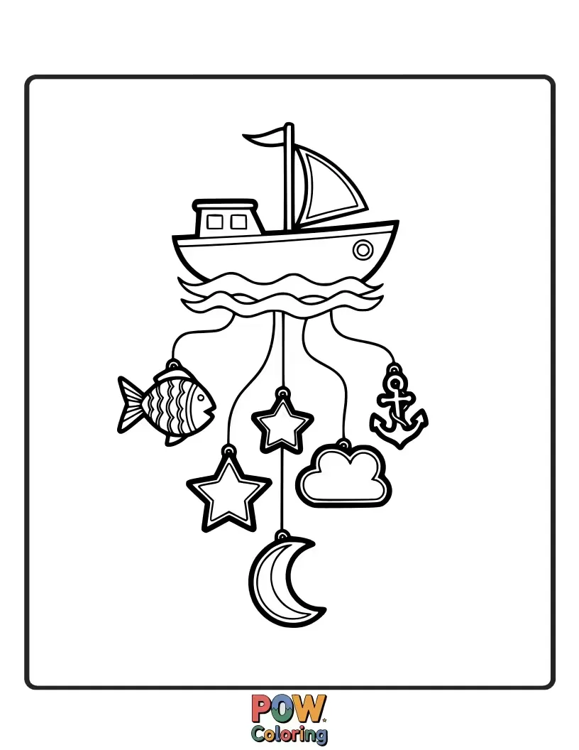 Free coloring page of A small, whimsical boat carrying delightful wind chimes on a gentle stream.