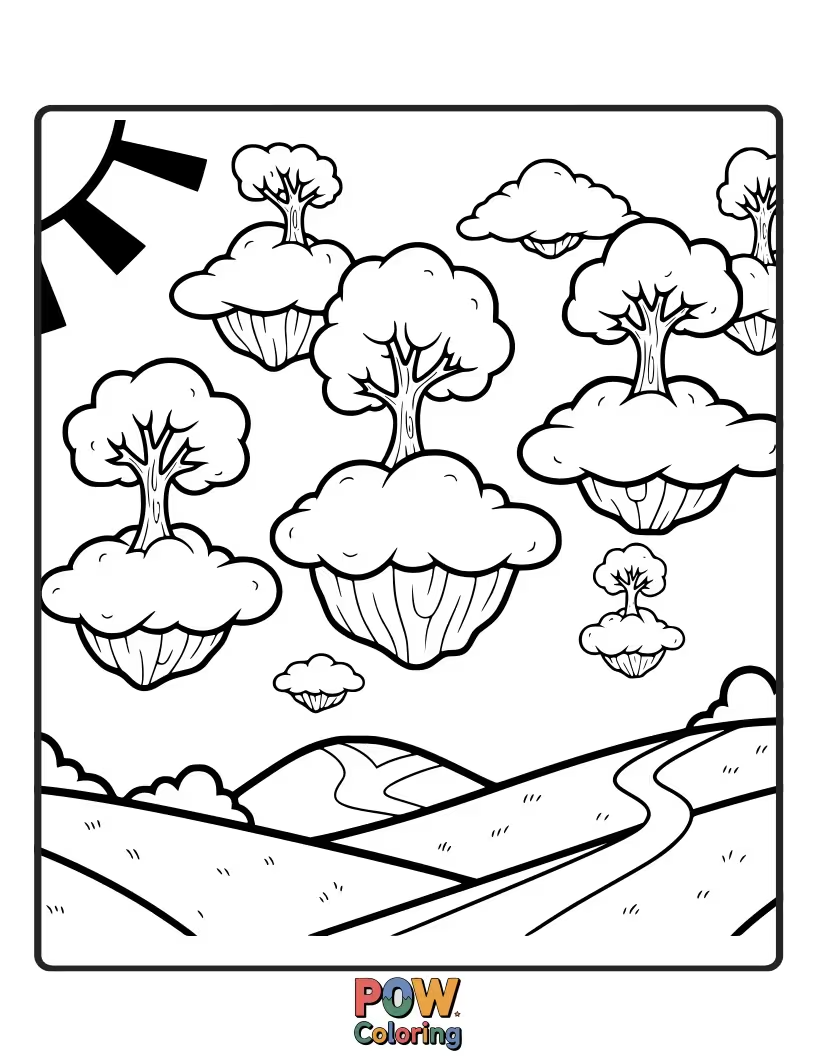 Free coloring page of Trees that appear to be floating amongst fluffy clouds, their roots dangling playfully in the air.