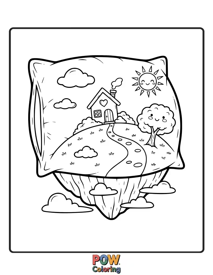 Free coloring page of A pillow resembling a small island with a single, cheerful tree. Color this serene, self-contained world.