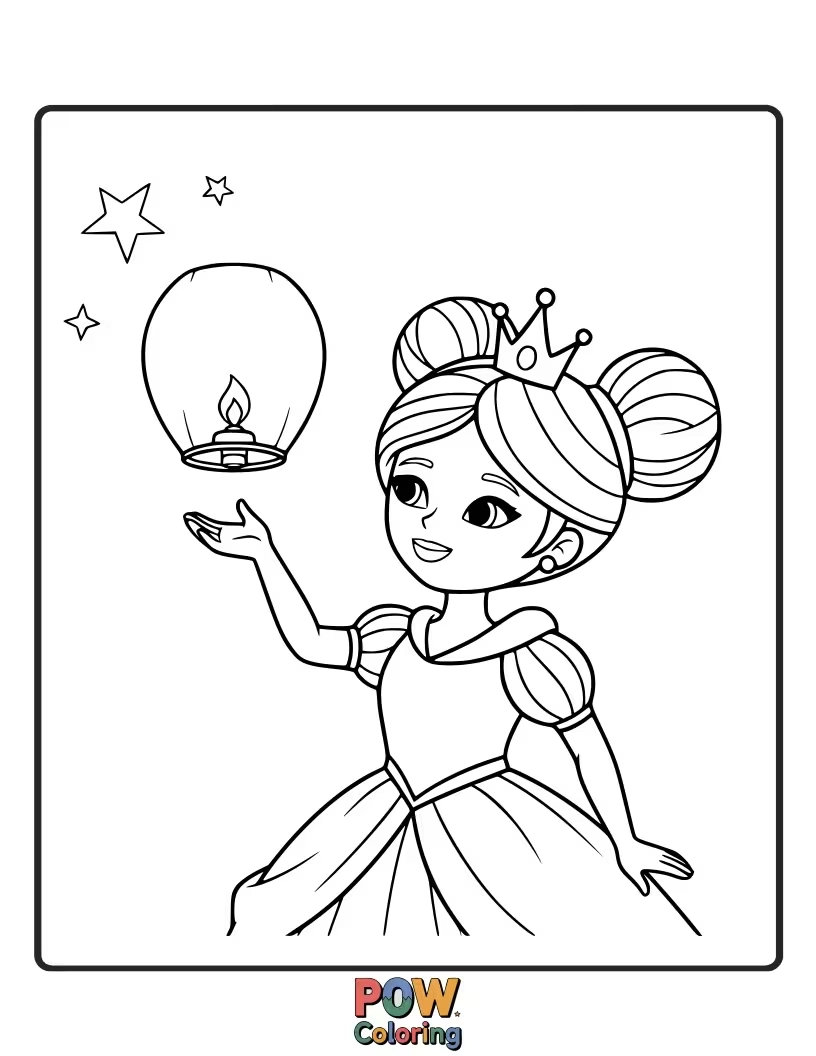 Free coloring page of A serene princess releasing a glowing lantern into the night sky.