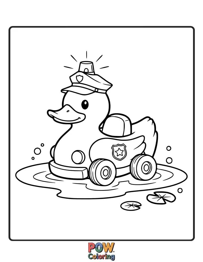 Free coloring page of Floating rubber duck police car, squeaky-clean, shaped like a rubber duck, ensuring bath time safety and fun!