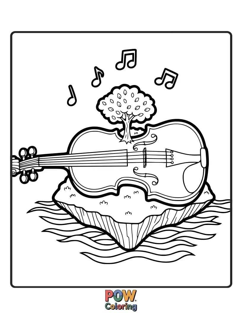 Free coloring page of A tiny island with trees and a house rests on a giant, floating violin.