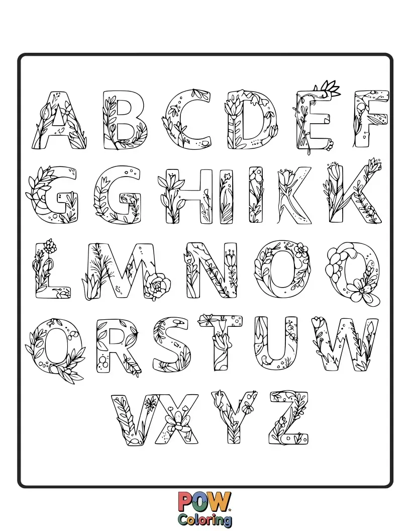 Free coloring page of Each letter of the alphabet is beautifully adorned with floral elements, combining learning and artistic fun.