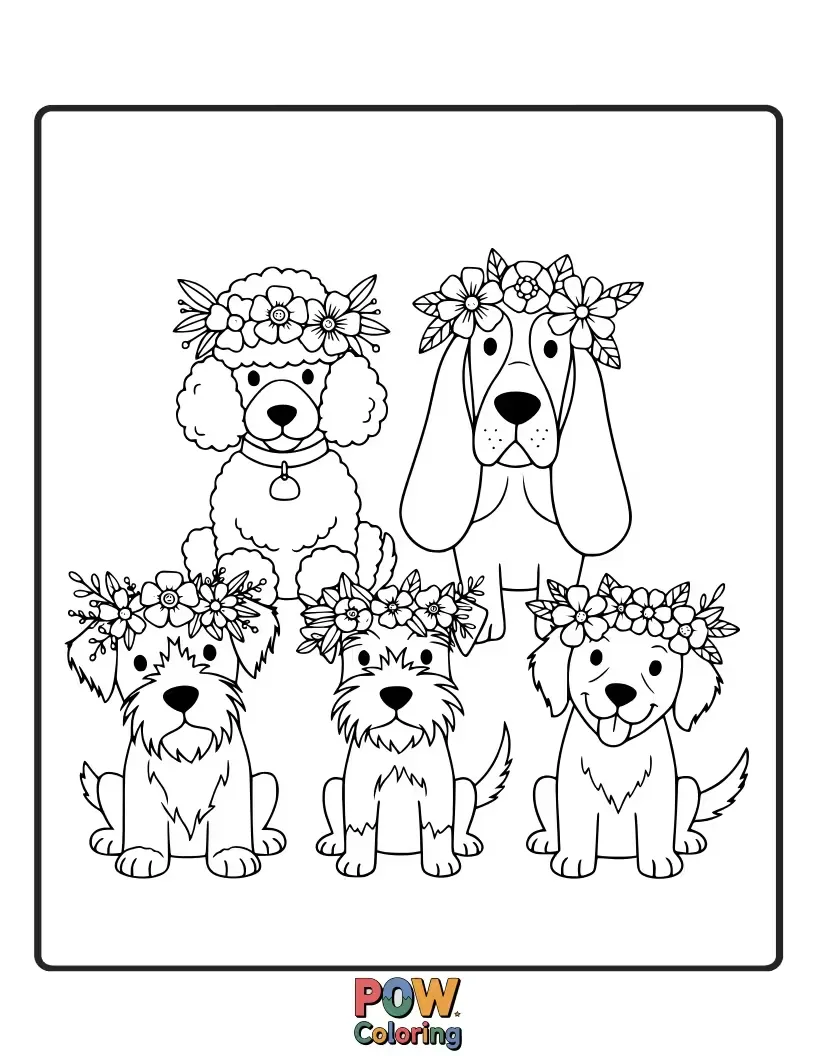 Free coloring page of Adorable dogs adorned with beautiful, intricate floral crowns, exuding grace and natural beauty for a stunning coloring page.