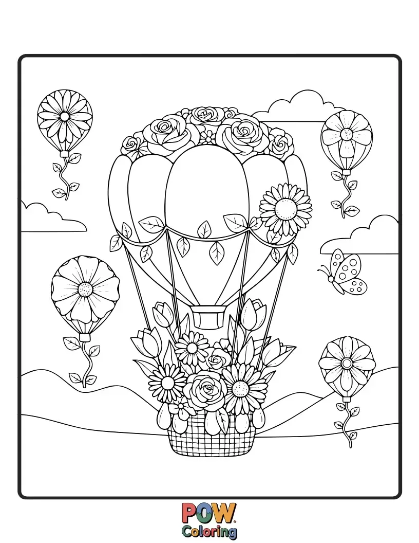 Free coloring page of Beautiful hot air balloons adorned with intricate floral patterns and blooming flowers, creating a garden in the sky.