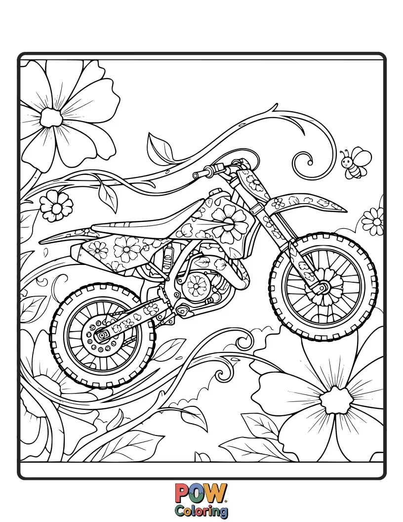 Free coloring page of A dirt bike adorned with blooming flowers and vines, riding through a whimsical garden.
