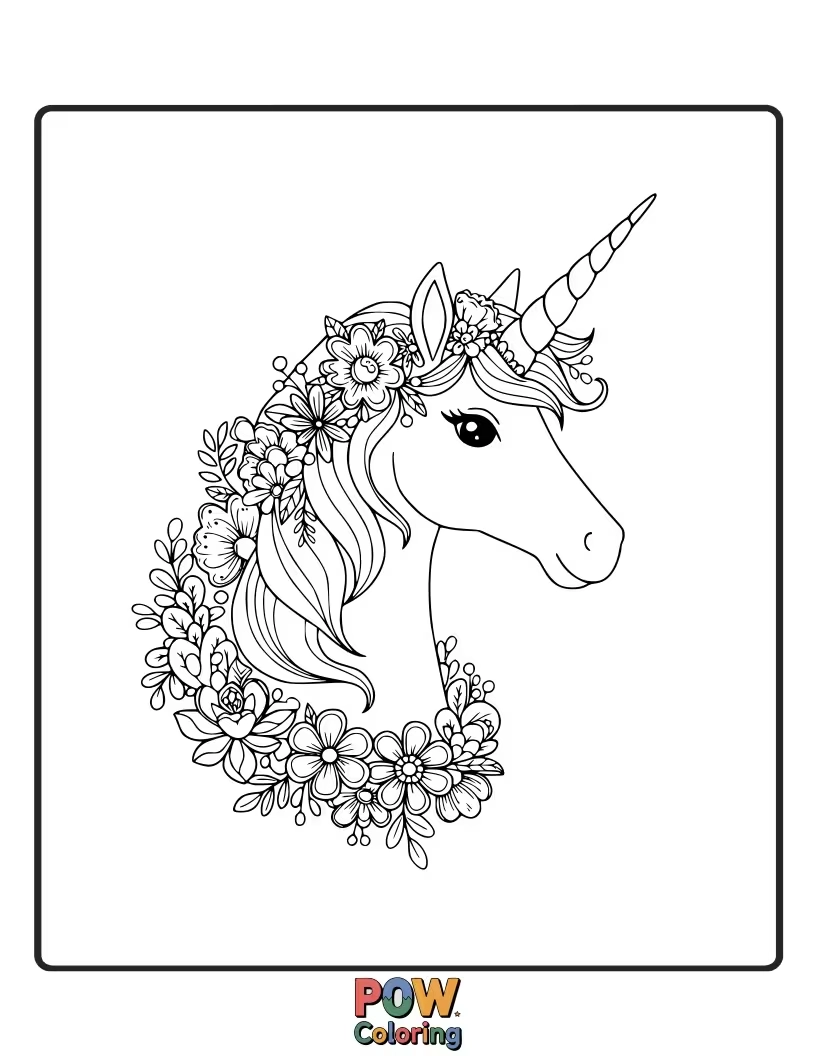 Free coloring page of Unicorn adorned with a beautiful garland of interconnected flowers and vines.