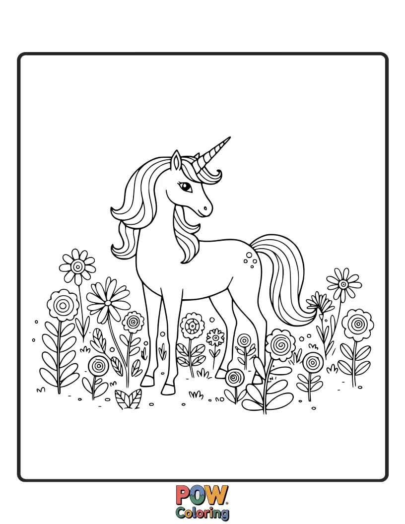 Free coloring page of Peaceful unicorn grazing in a field bursting with colorful wildflowers and butterflies.