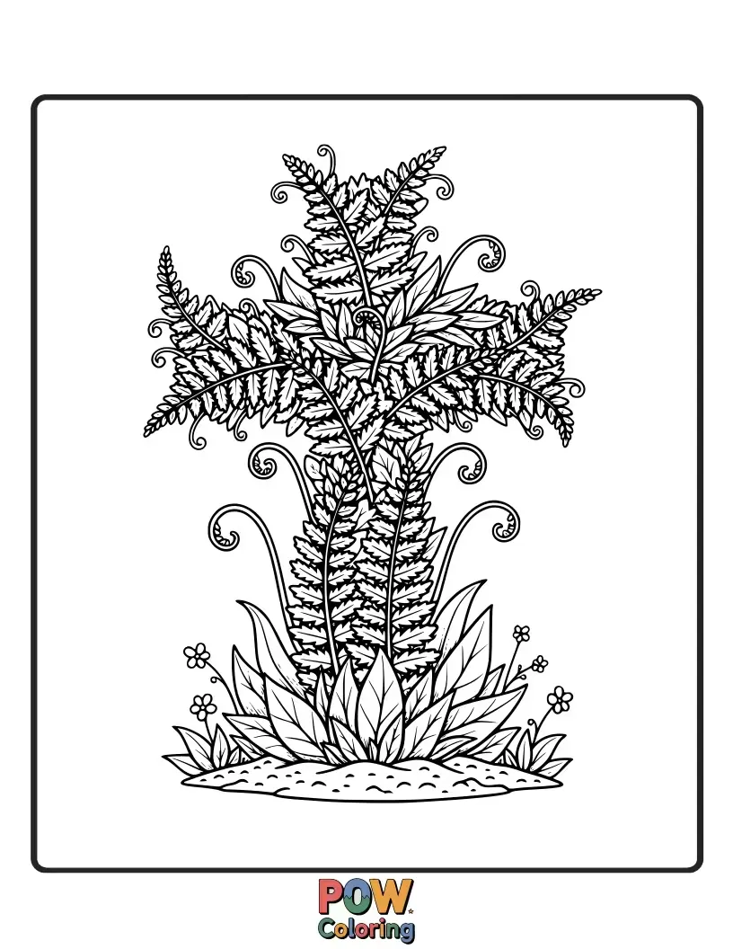 Free coloring page of A beautiful cross intricately designed with delicate fern frigs, bringing a touch of elegant greenery.