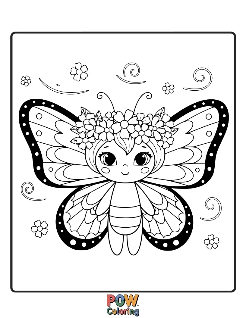 Free coloring page of A beautiful butterfly wearing a crown of wildflowers, ruling over a garden filled with blooming beauties.