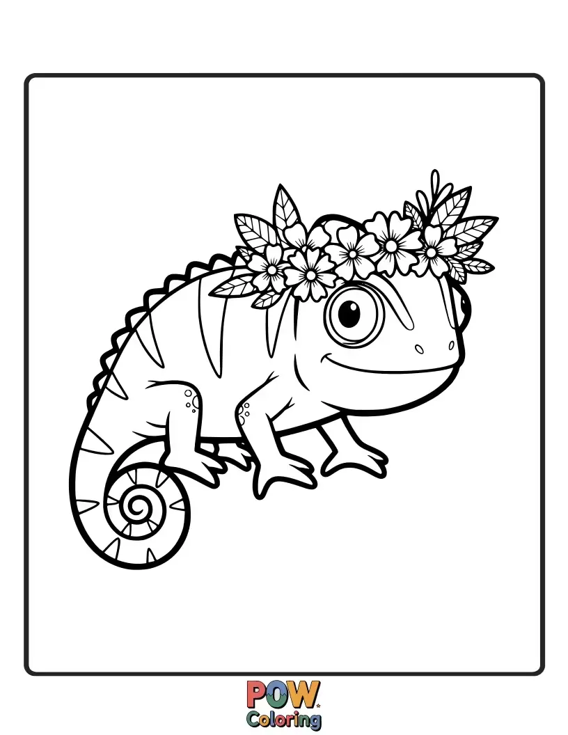 Free coloring page of A beautiful chameleon lizard adorned with a crown of delicate flowers, looking regal and pretty.