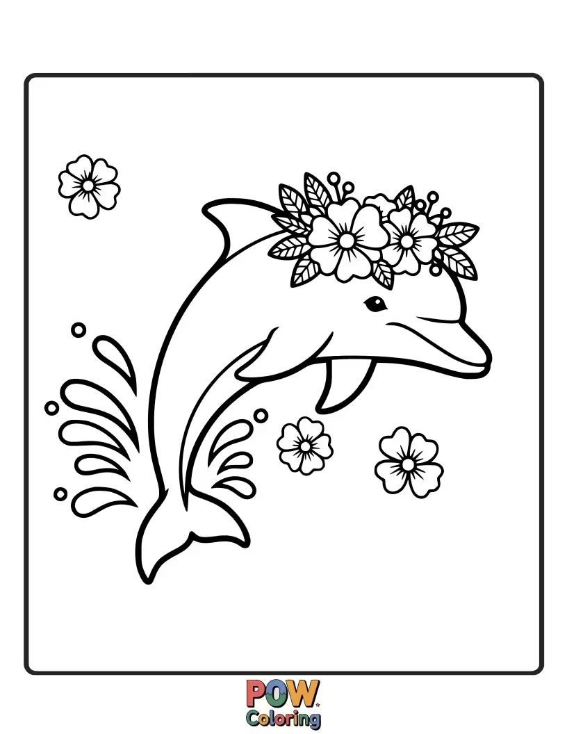 Free coloring page of A serene dolphin adorned with a beautiful crown of colorful flowers.