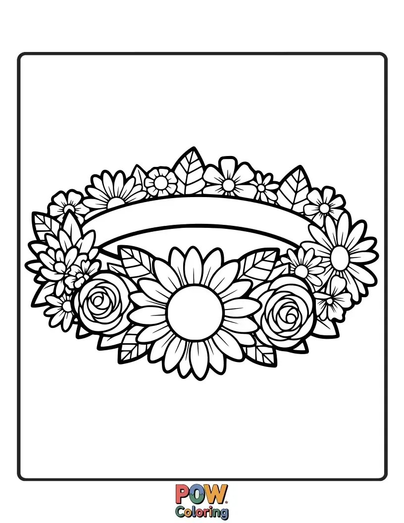 Free coloring page of An elegant hat adorned with a delicate crown of blooming flowers and leafy vines. Blooming beauty!