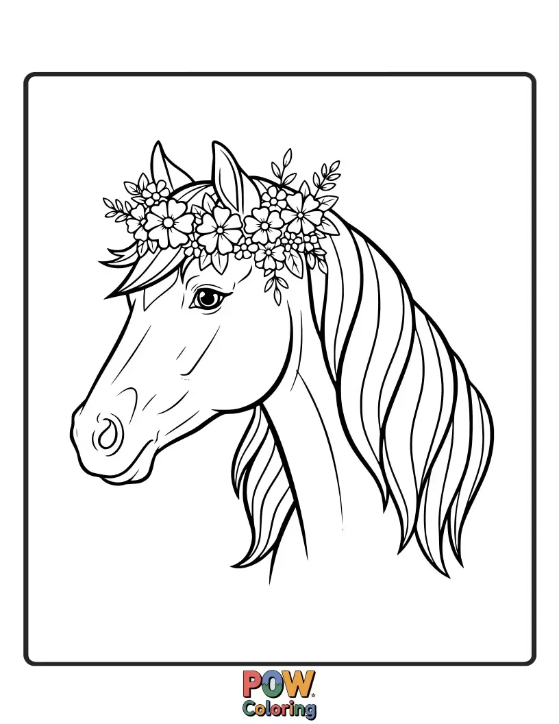 Free coloring page of A serene horse adorned with an elaborate crown of blooming flowers, standing in a lush meadow.