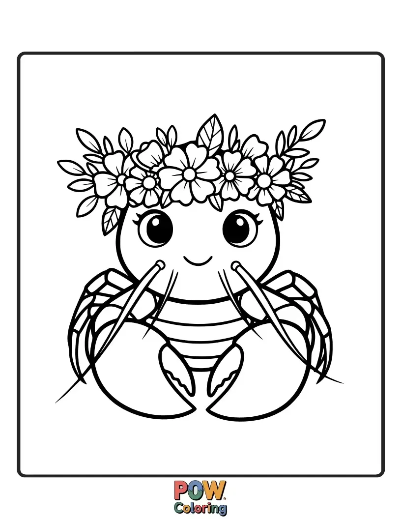 Free coloring page of A graceful lobster adorned with a delicate flower crown, surrounded by blooming petals, exuding natural beauty.