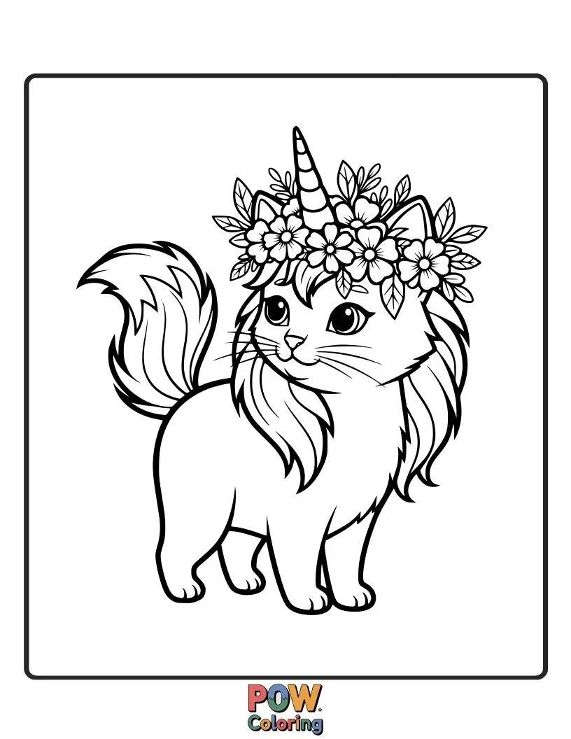 Free coloring page of A sweet unicorn cat wearing an elaborate crown made of vibrant, magical flowers, surrounded by fluttering fireflies.