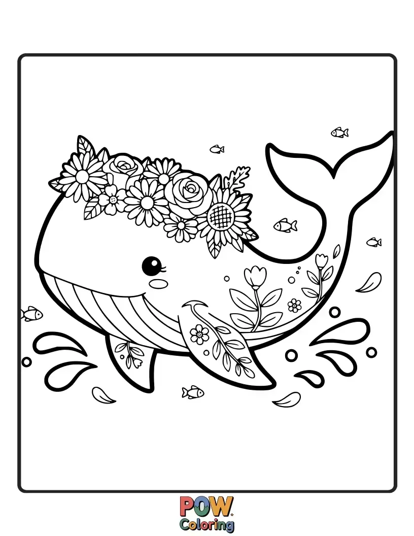 Free coloring page of An elegant whale adorned with a vibrant crown of colorful underwater flowers, floating serenely amidst coral.