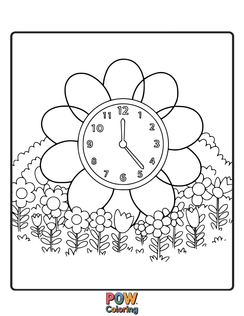Free coloring page of A blooming clock surrounded by beautiful flowers and butterflies, bringing nature's beauty.