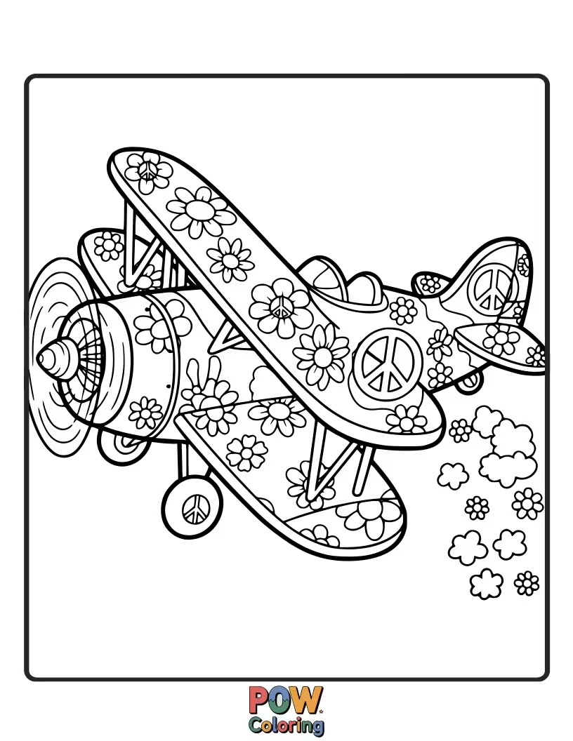 Free coloring page of An airplane decorated with vibrant flowers and peace signs, spreading love and good vibes on its flight.
