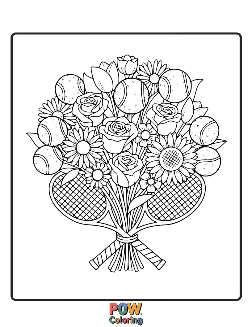 Free coloring page of A bouquet of flowers transformed into tennis players, with petals as rackets and stems as legs.