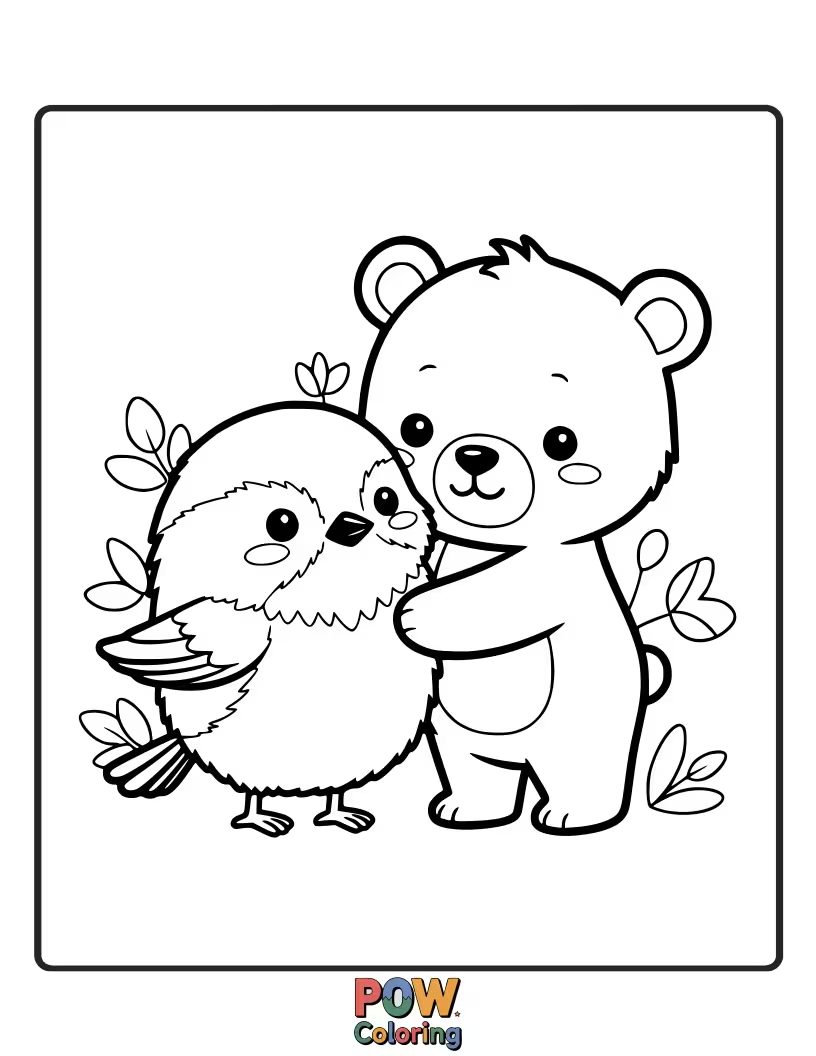 Free coloring page of Two incredibly fluffy chickadees sharing a sweet, gentle hug amongst some delicate branches.