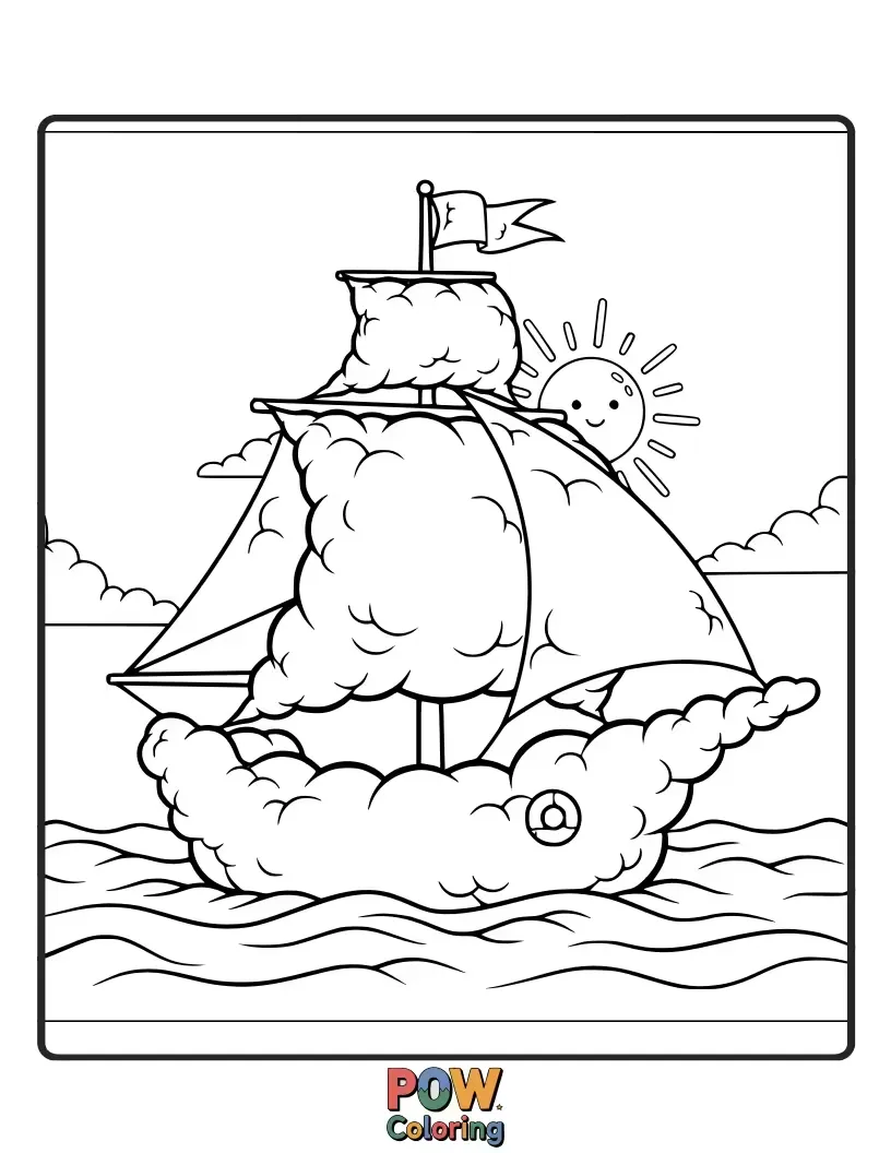Free coloring page of Dreamy cruise on a fluffy cloud, sailing through a pastel sky with happy stars. Perfect for little dreamers!