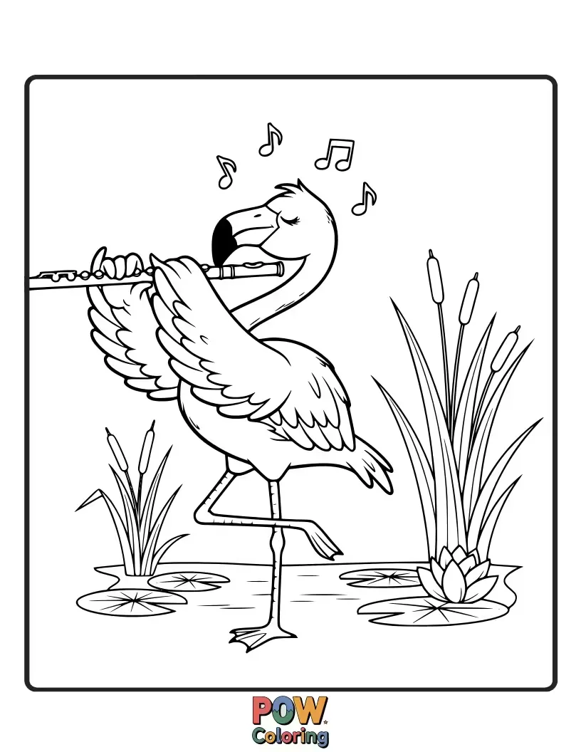 Free coloring page of A tall, elegant flamingo gracefully playing a flute with its beak. Graceful, unique, and wonderfully whimsical.