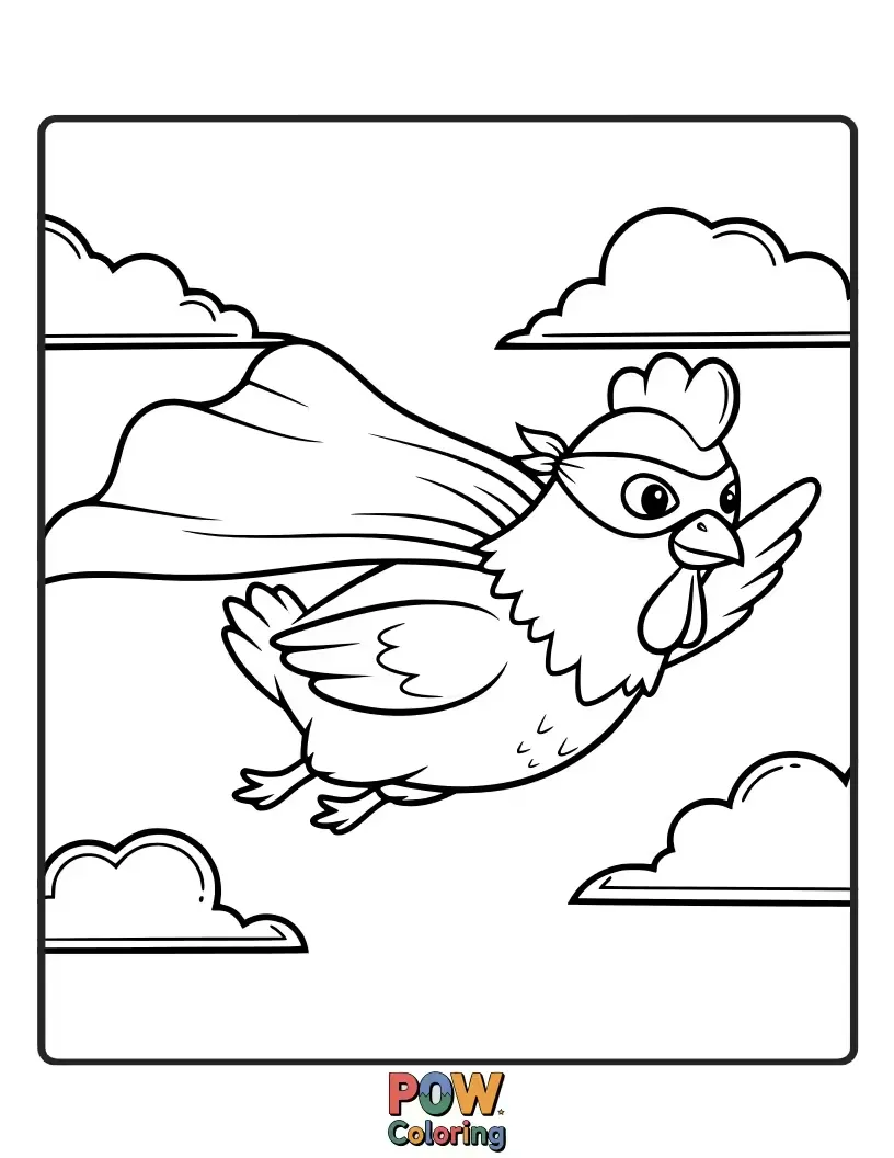 Free coloring page of A determined chicken with a cape, soaring through the sky. Give this heroic bird its powerful, vibrant colors.