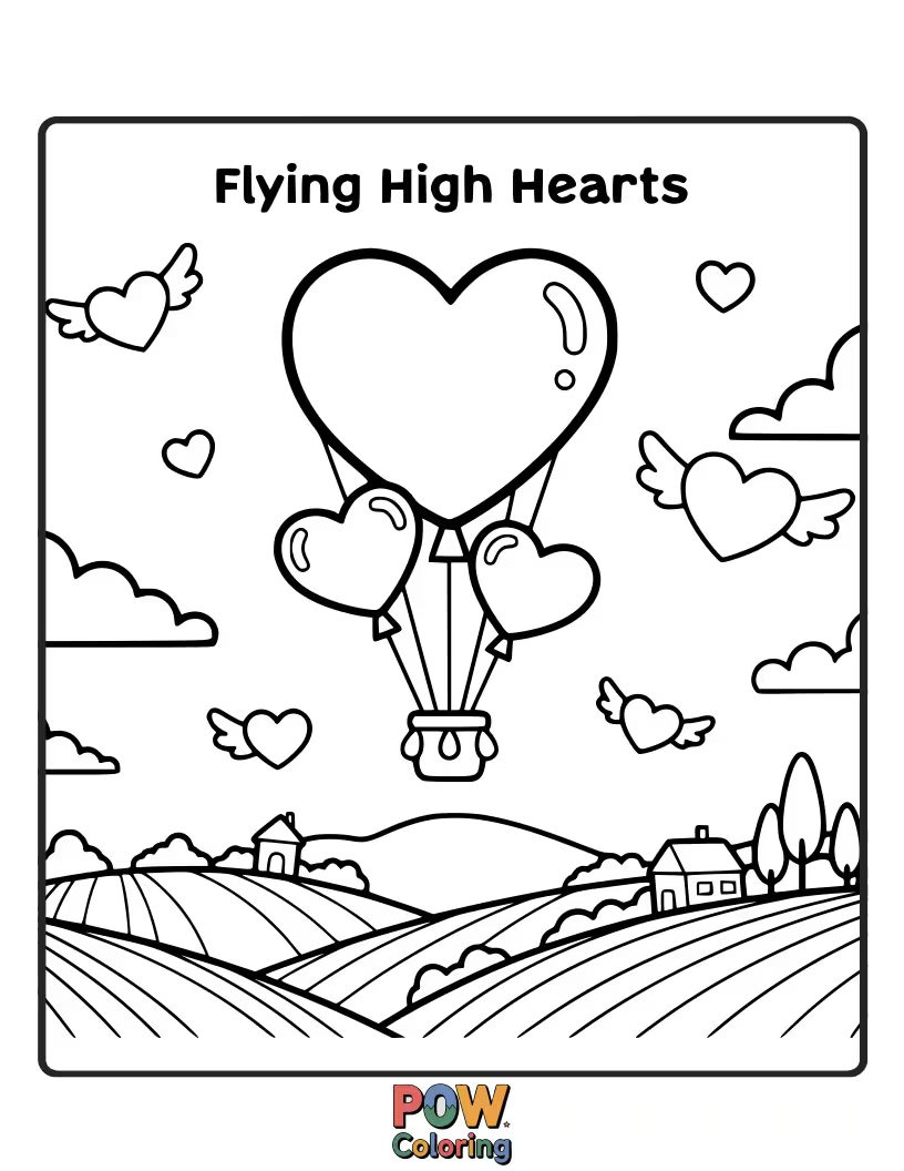 Free coloring page of Birds soaring through the sky, leaving trails of hearts behind them, spreading love.