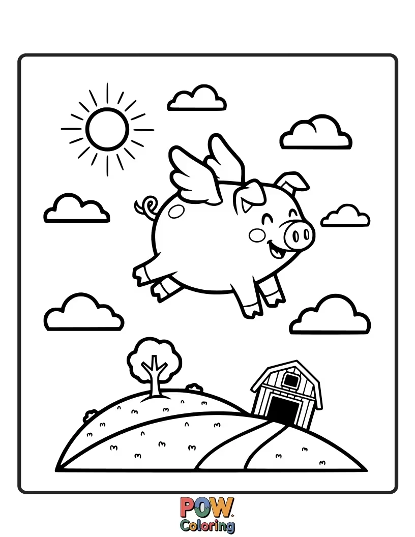 Free coloring page of A plump pig soars through the clouds on whimsical wings, looking excited and free.