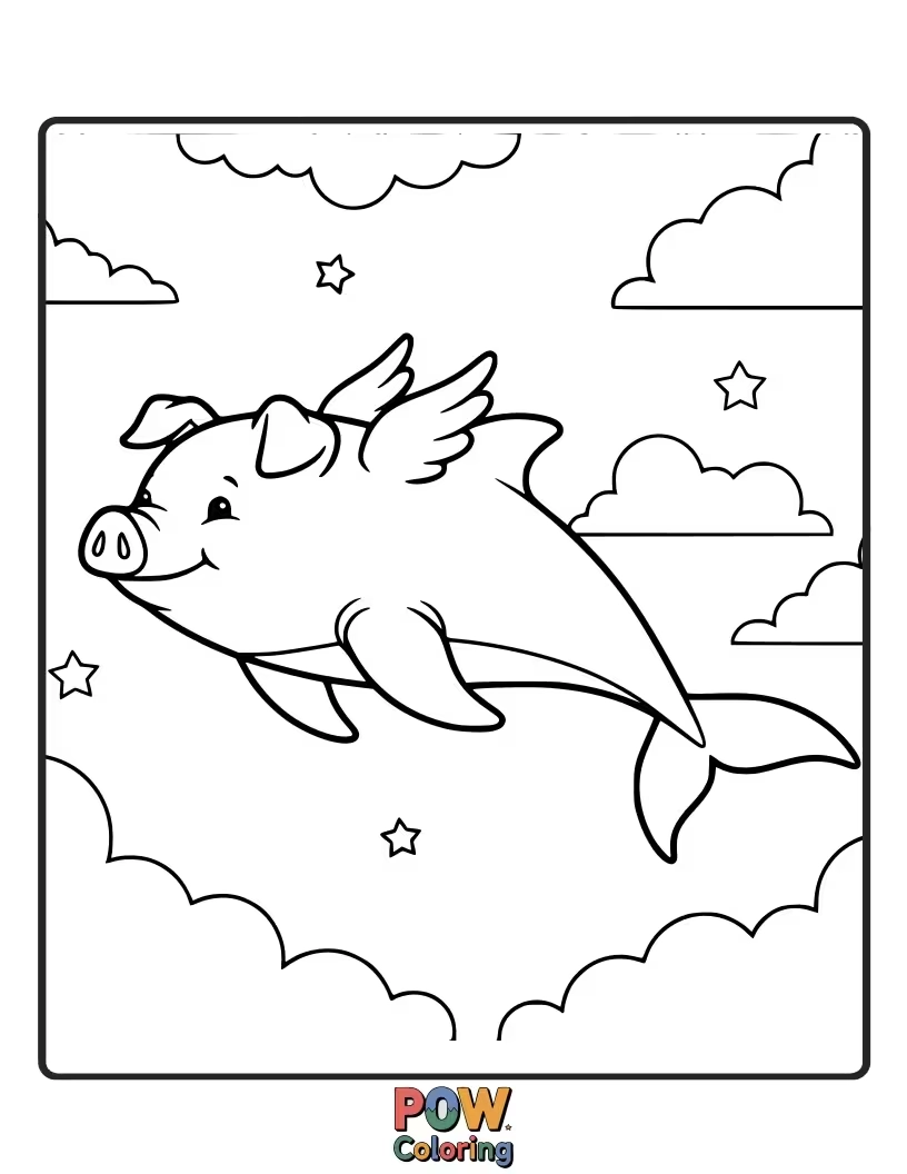 Free coloring page of When pigs fly! This dolphin is imagining itself as a flying pig with wings.