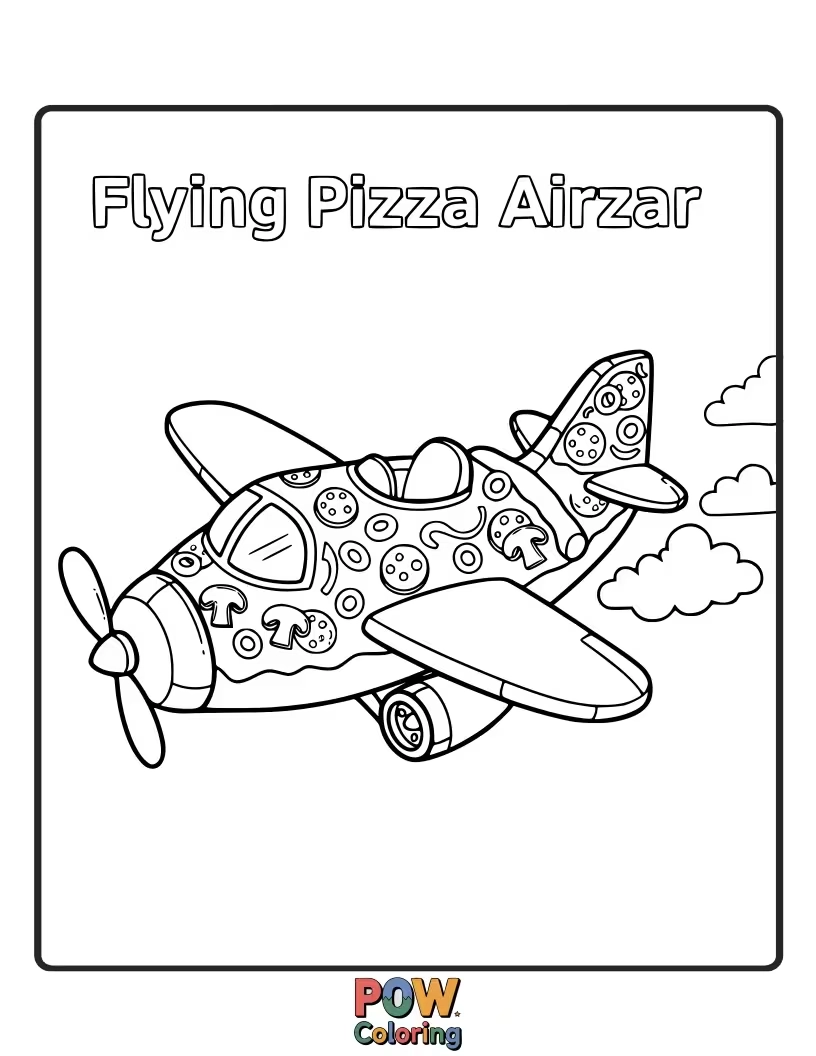 Free coloring page of A delicious airplane shaped like a pizza slice, with pepperoni propellers and a cheese-covered fuselage.