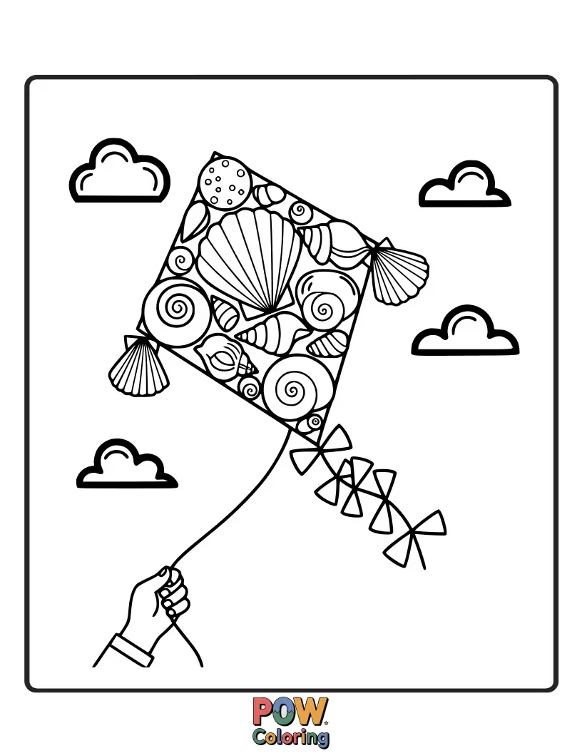 Free coloring page of A playful seashell transformed into a kite, soaring through a sky filled with fluffy clouds.