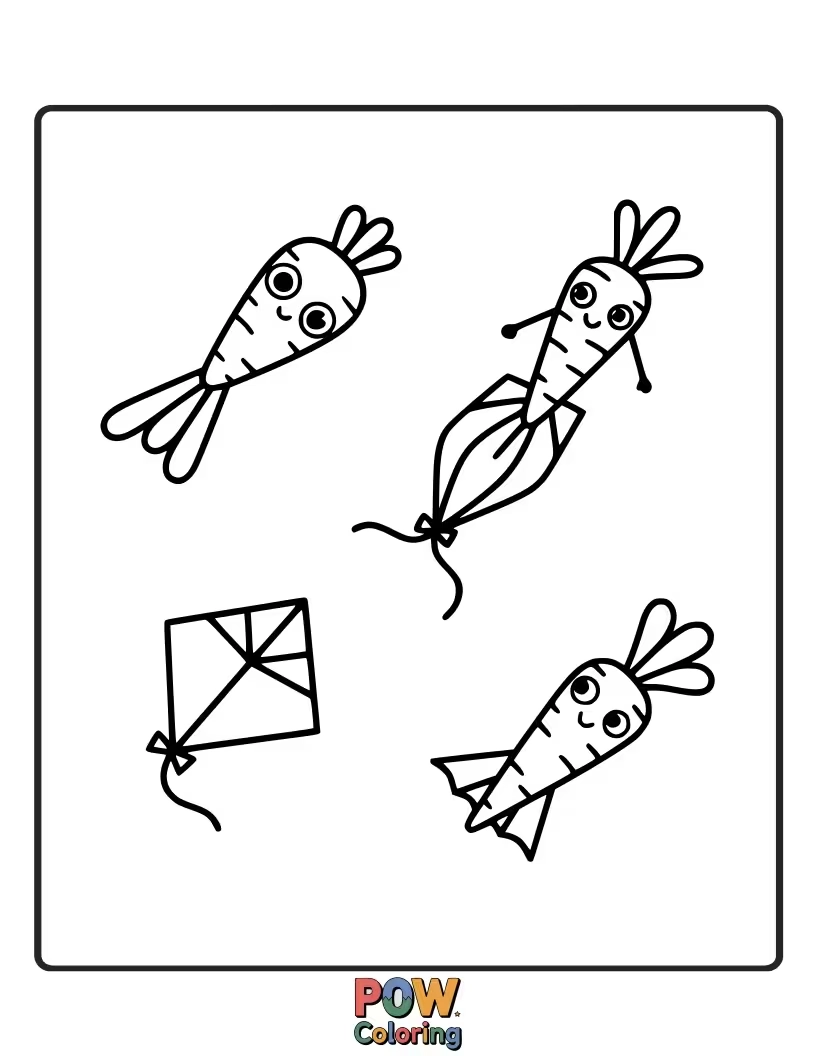 Free coloring page of Mighty carrots with capes soaring through the sky, ready to save the day with their vibrant orange power.