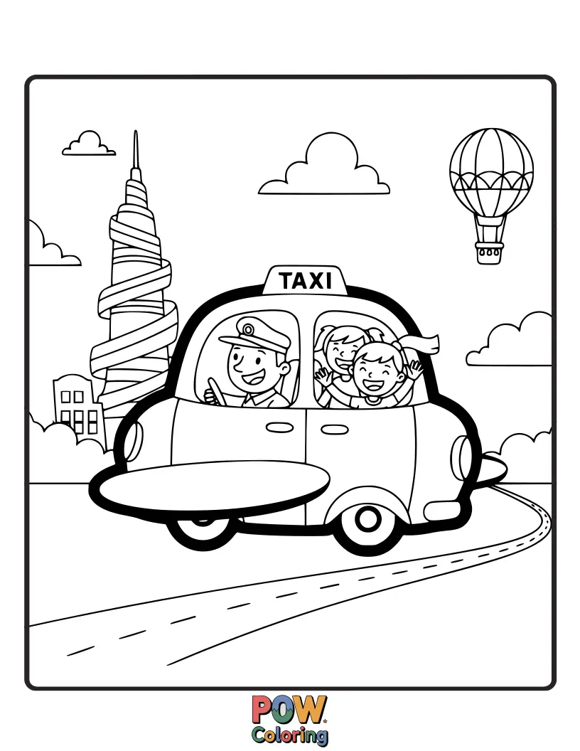 Free coloring page of Imagine a taxi soaring through the clouds, a whimsical scene of airborne transportation and boundless imagination.