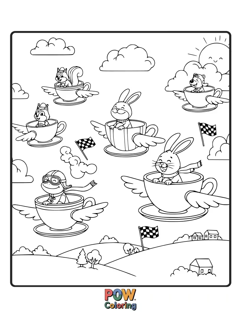 Free coloring page of Charming teacups with little wings are elegantly soaring through the air in a delightful, whimsical race.