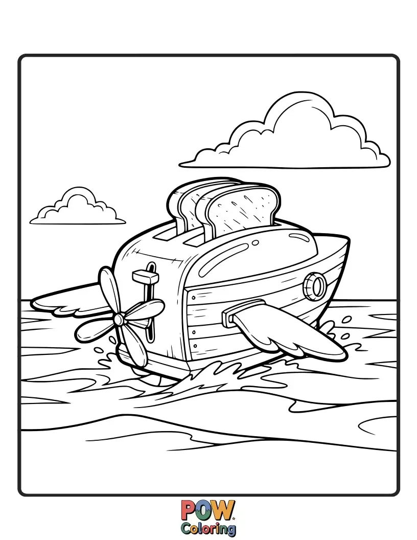 Free coloring page of A delightfully nonsensical ship that looks like a flying toaster, complete with toast popping out, soaring through the clouds.