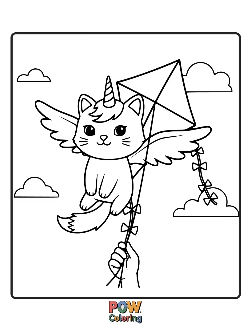 Free coloring page of A delighted unicorn cat holding onto a kite shaped like a rainbow cloud, soaring through the sky with a happy expression.