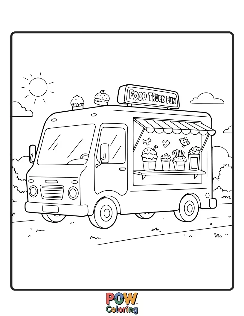 Free coloring page of A vibrant food truck, serving delicious treats. Get creative with menu items and colorful designs!