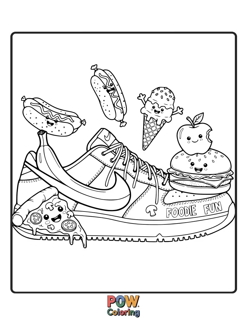 Free coloring page of This Nike shoe is a culinary delight, decorated with tiny cupcakes, pizza slices, and fruits.