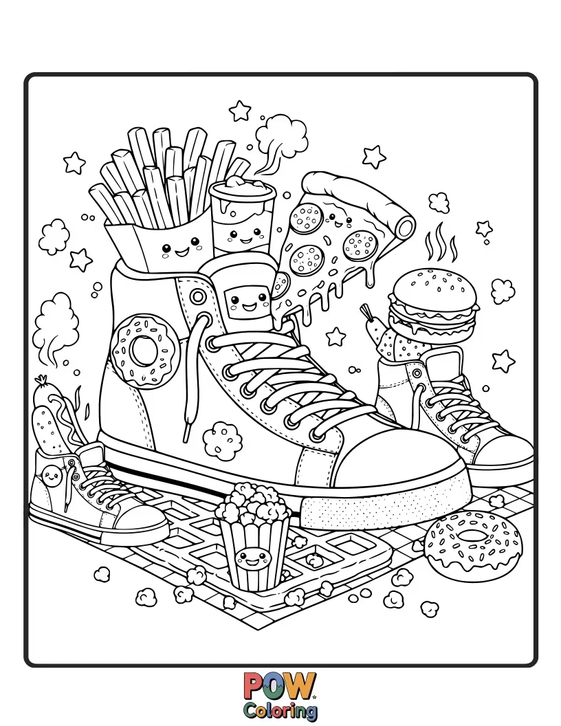 Free coloring page of Unique foodie feast is created with the loaded snacks in it.